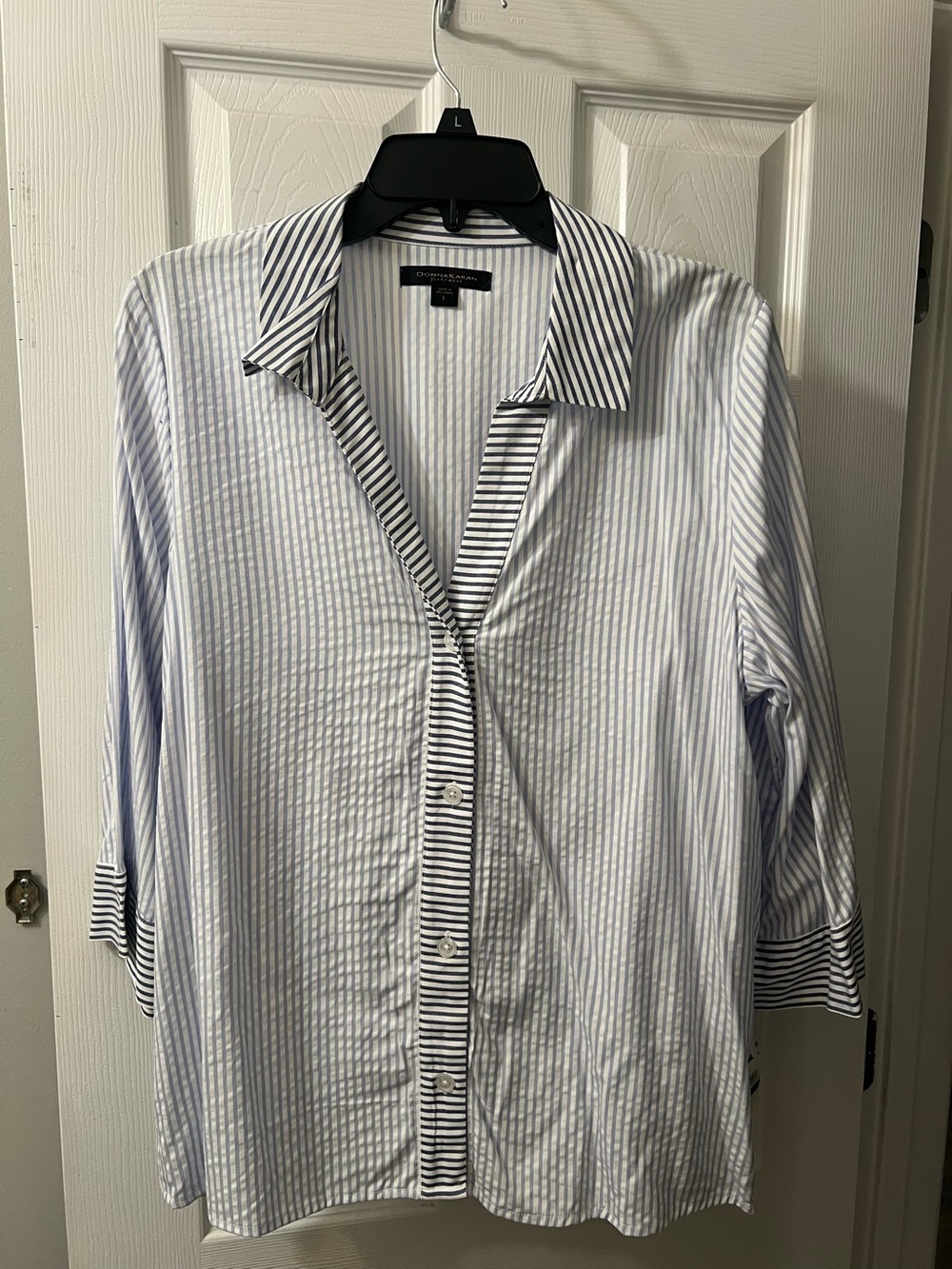 Donna Karan Light Blue and White Striped Button-Down Shirt
